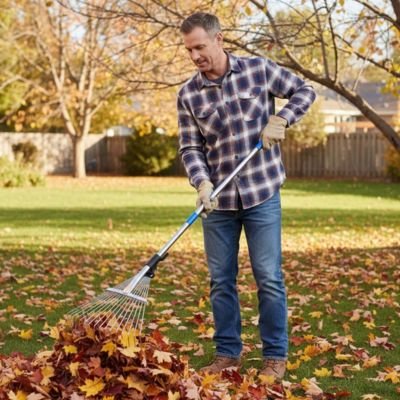 rateau a feuilles utiliser par homme arrière cour clôturer