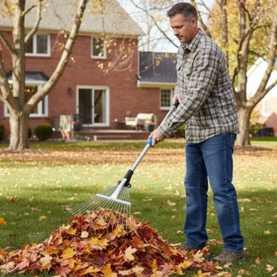 rateau  a feuilles utiliser par homme arrière cour 