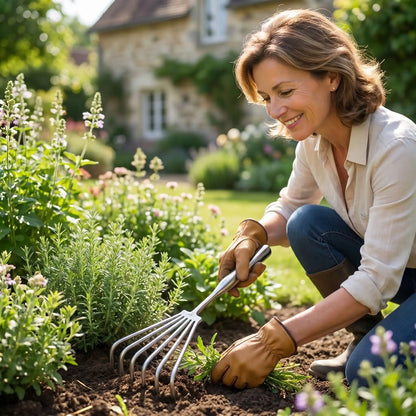 râteau désherbant femme dans  jardin fines herbe