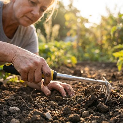 rateau jardin à main femme racle roche entre rangs de son jardin
