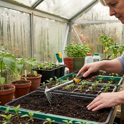 Rateau jardin à main femme dans serre