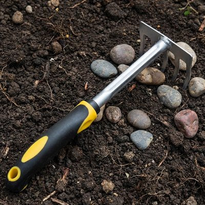 Rateau jardin à main sur sol  avec petit caillou