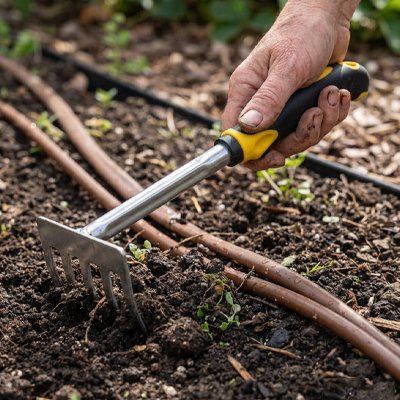 Rateau jardin dans main racle entre racine