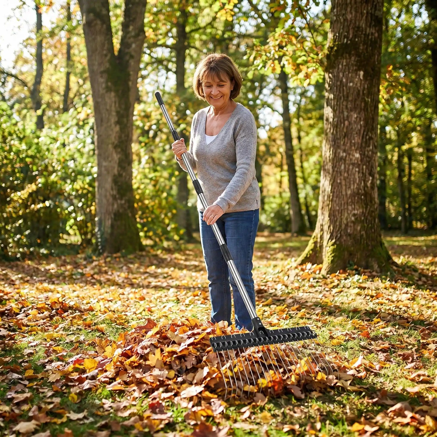 rateau pour feuille femme ramasse feuille arriere cour boise