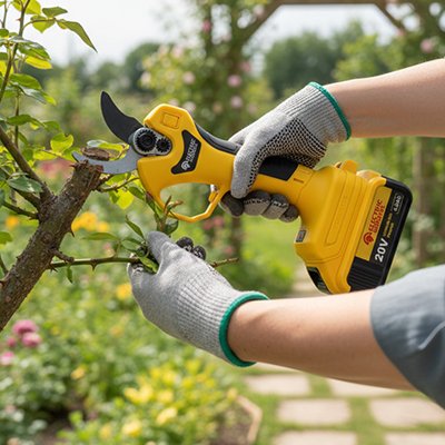 sécateur électrique jaunes homme ganté coupe branche arbre