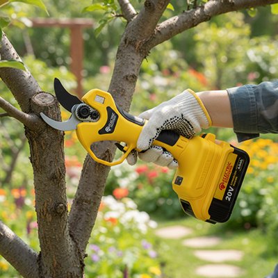sécateur électrique jaunes personne gant_ coupe branche arbre
