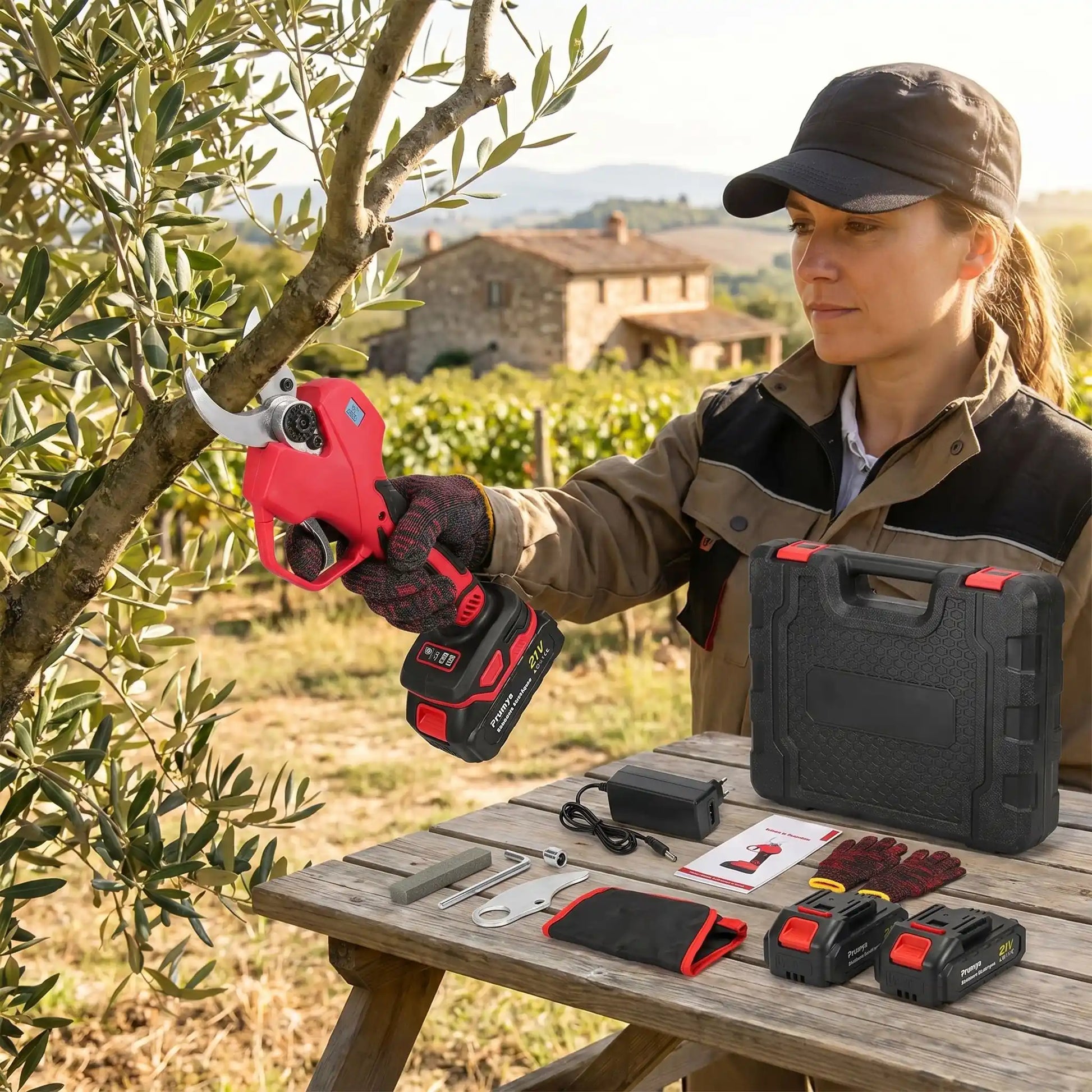 secateur electrique avec accessoire femme l'utilisant