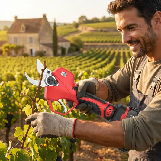 secateur electrique homme utilisant vignoble