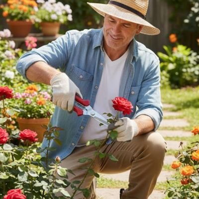 Sécateur par homme qui coupe une rose rouge