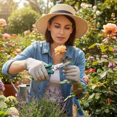 Sécateur utilisé par femme pour couper une rose
