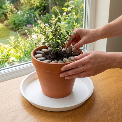 soucoupe pour pot  de fleur avec pot  plante vertes pierres ronde dans pot