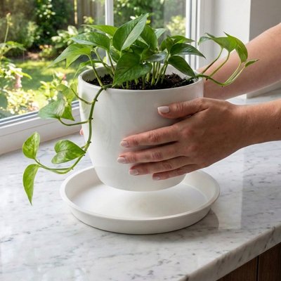 soucoupe pour pot de fleur en dessous main femme va déposer plante