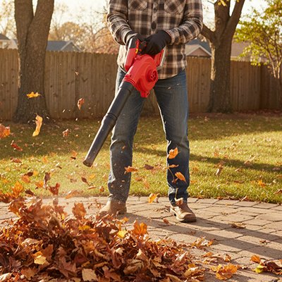 Souffleur de feuilles qui souffle sur feuilles au sol