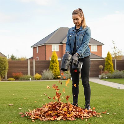 souffleur de feuilles sur batterie  femme debout rassemblant euilles d'autonme