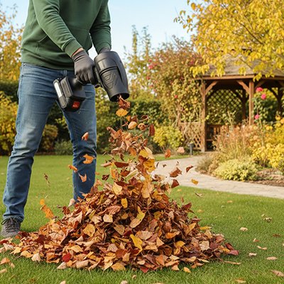 souffleur de feuilles sur batterie homme debout rassemblant feuilles d'autonme  devant pergola