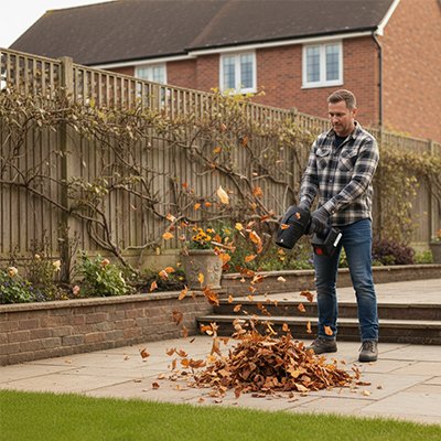 souffleur de feuilles sur batterie homme debout rassemblant feuilles d'autonme