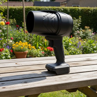 souffleur de feuilles  sur batterie sur table devant jardin fleuri