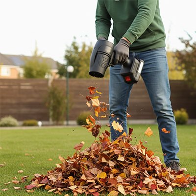 souffleur de feuilles sur batterie utilisé  humain rassemblant feuilles d'automne