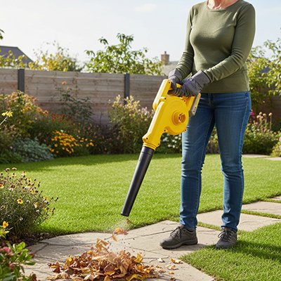 Souffleur de feuilles utilisé par femme sur feuilles
