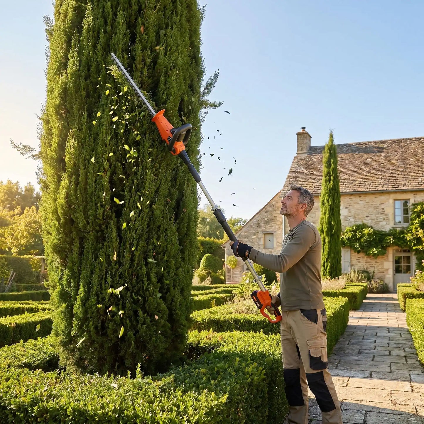 taille haie sur perche utilise par homme- sur arbre