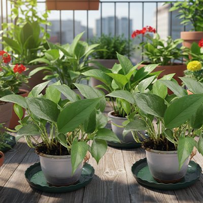 trois plantes déposés dans soucoupe pot de fleur sur balcon